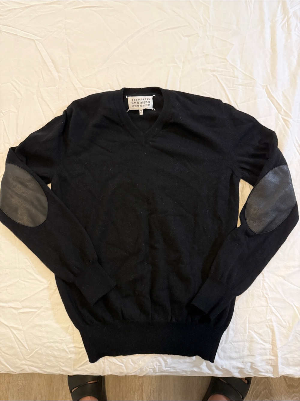 Maison Martin Margiela Black V-Neck Sweater with Leather Elbow Patches